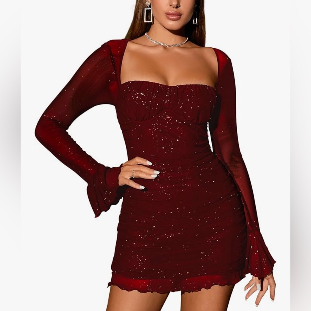 Elegant, Long Flare Sleeve, Ruched Bodycon, Burgundy Dress